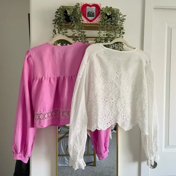 Women’s Lace-Trim Tie-Front Top Bundle - Pink and White - Picture 2 of 4